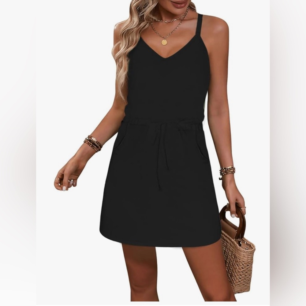 Elegant Black Sleeveless Drawstring Summer Dress